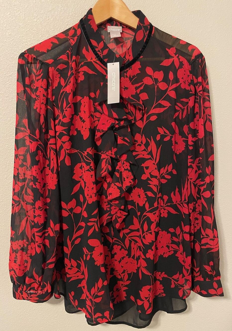 Chicos Ruffle Front Blouse Womens 3 US 16/18 Black Red Floral Whimsigoth NEW